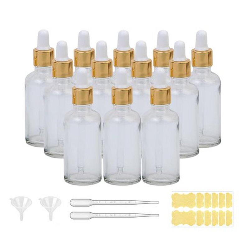AGZHTYJQ 12 Pcs Glass Dropper Bottles with Eye Dropper Dispensers Lab Dropping Bottles with 2Pcs Long Pipettes 2Funnel and12 Label for Travel Cuticle Massage Essential Oils Perfume (Clear,1.75oz)