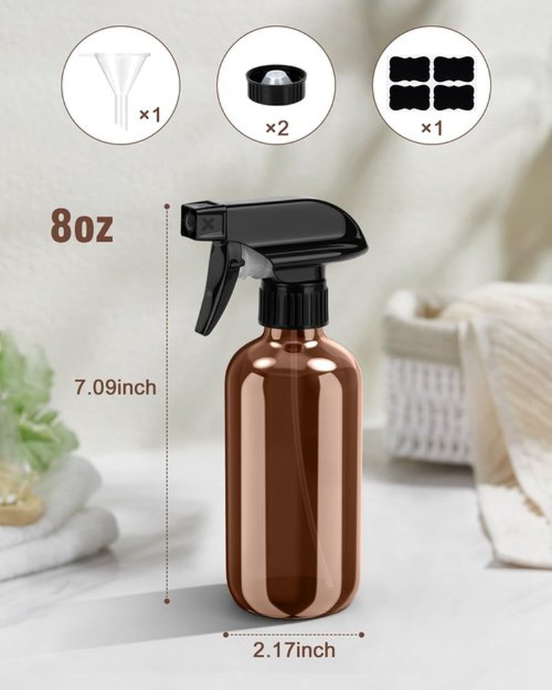 Bontip Glass Spray Bottle, Amber Glass Spray Bottle Set & Accessories for Non-toxic Window Cleaners Aromatherapy Facial Hydration Watering Flowers Hair Care (2 Pack/8 oz) (Amber)