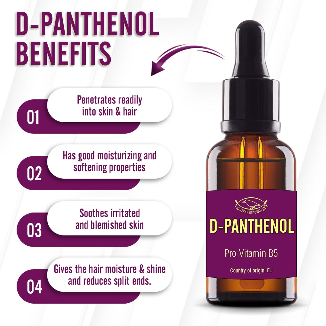 Artekas Innovation D‑Panthenol 76.9% Concentrate – Cosmetic Grade Pro‑Vitamin B5 – for DIY Serums, Creams & Hair Care - 2 vials of 1 Ounce Each - with Pipette and Screw Cap