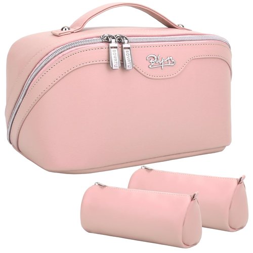 Travel Makeup Bags Cosmetic Organizer Bag: 3-Set Large Capacity Make up Bag - PU Leather Toiletry Bag for Women - Wide Open Portable Pouch with Divider & Handle (09-Jelly Pink)