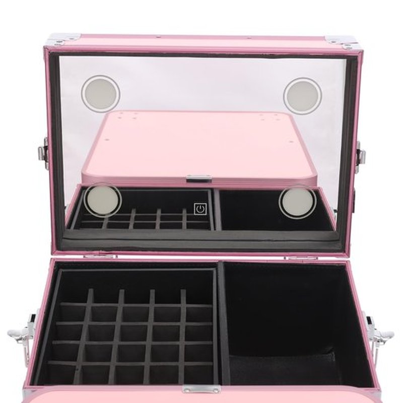 WBGANG Makeup Train Case With 4 Universal Wheels,Portablel Makeup Suitcase With Drawers,Unfold Table And Makeup Mirror,Rolling Cosmetic Storage Organizer For Makeup Artist,Hairstylist,Etc (Pink)