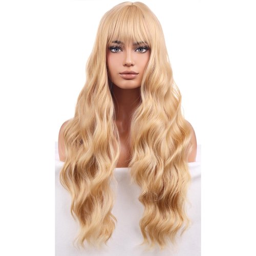 BERON Blonde Wigs Long Wavy Wig for Women with Bangs Costume Curly Heat Resistant Synthetic Hair Wigs for Cosplay or Daily