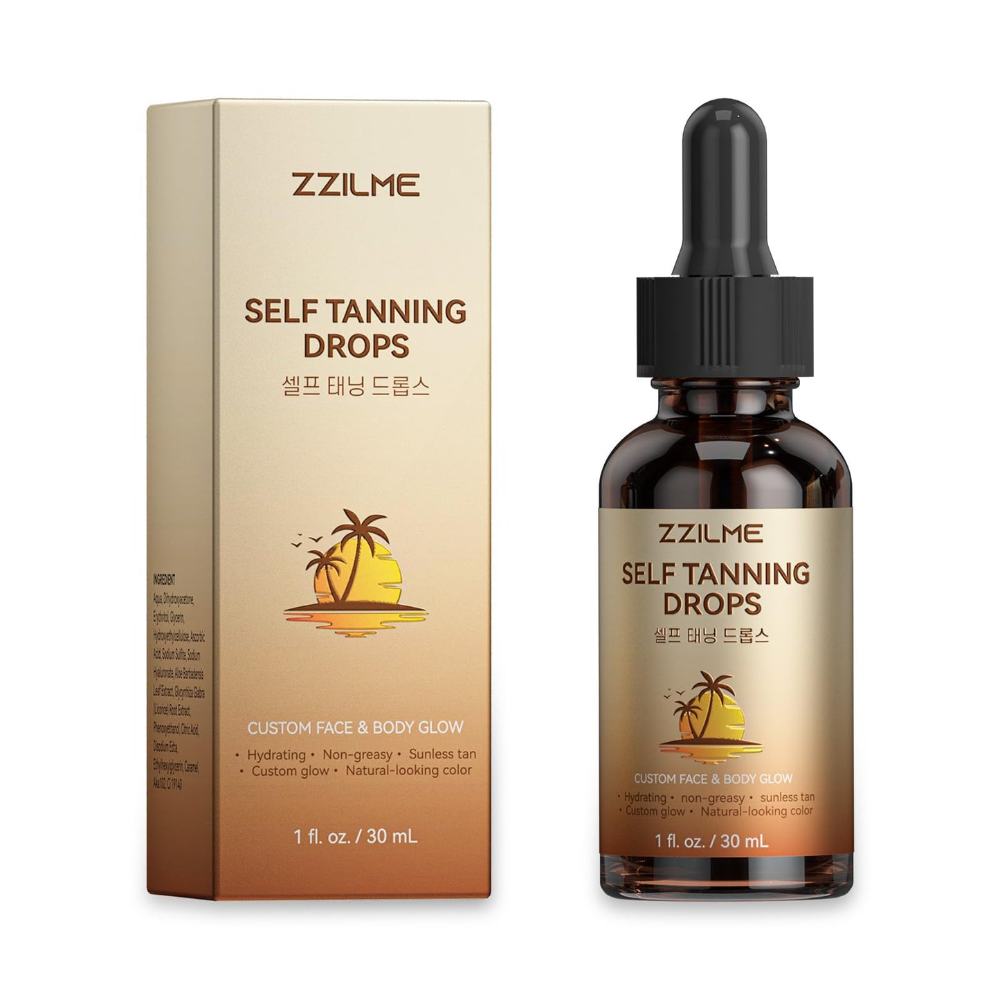 ZZILME Sunless Self Tanning Drops for Face & Body, Customizable Gradual Glow with Niacinamide, Vitamin C & Hyaluronic Acid, Bronzing Serum Drops, 0.91 fl oz