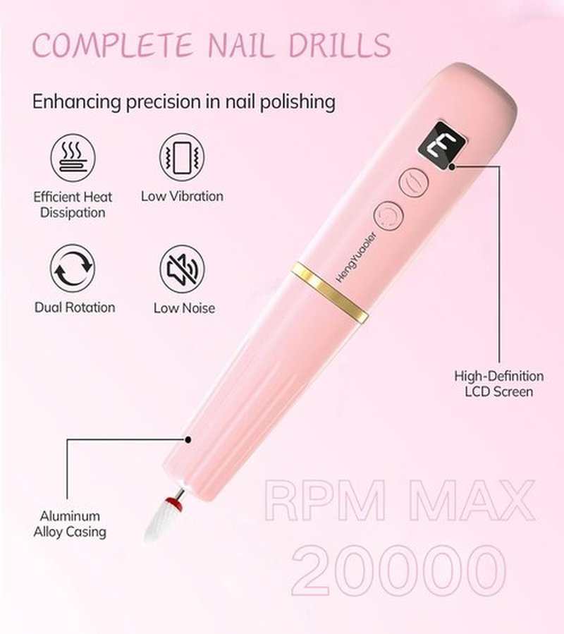 HengYuaoler Electric Nail Drill Machine File Efile Set for Acrylic Gel Nails Portable Nail Drill Machine Kit Rechargeable Pedicure Tools for Hand Feet Manicure Pedicure Tools Polishing Set (Pink)
