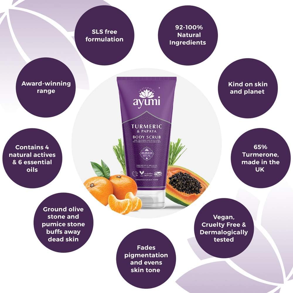Ayumi Turmeric Body Scrub | Exfoliating Scrub with Papaya Extract | Brightening Scrub for Dull Skin | Hydrating Cleanser with Argan Oil | Body Scrub for Women & Mens Skincare Rituals | 6.77 Fl oz