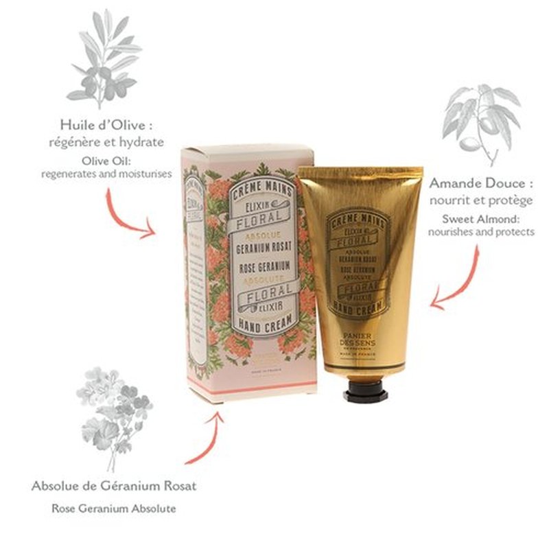 Panier des Sens - Hand Cream for Dry Cracked Hands - Rose Geranium Hand Lotion with Olive & Almond Oil - Vitamin E Skin Moisturizer with 97% Natural Ingredients - Made in France, 2.5 fl oz