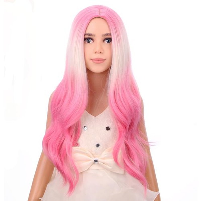 PATTNIUM Ombre Pink Wig Kids Child Wig Long Curly Wavy Lovely Pink Wig Blonde to Pink Wig Middle Part Girls Wig Heat Resistant Synthetic Hair Wig with Wig Cap