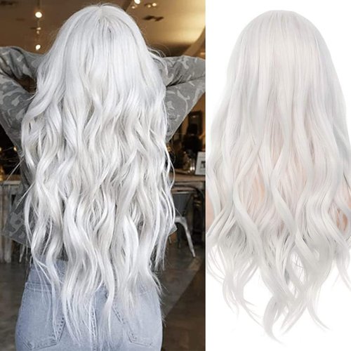 RicHyun White Wig Long Curly Wavy Wig Middle Part Cosplay Wig Synthetic Heat Resistant Costume Halloween Wigs for Women Girls