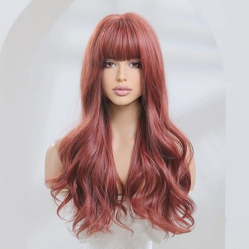 ISHINE Long Wavy Wigs, Burgundy Red Curly Wigs for Women, Natural Looking Synthetic Wig with Bangs, Hair Replacement Wigs for Daily Cosplay Party Halloween Costume 24 inch