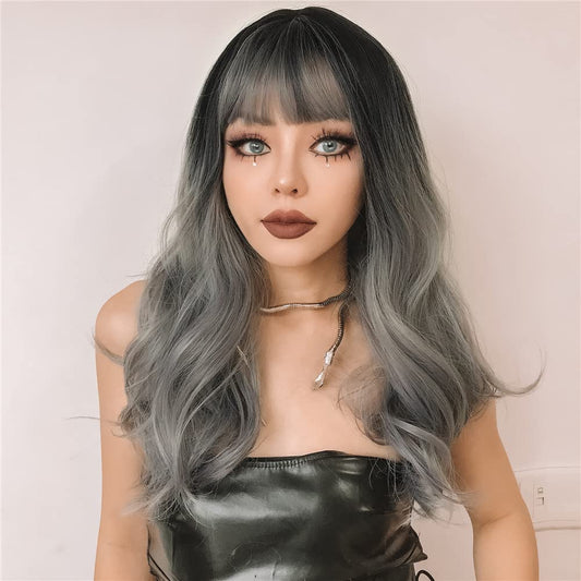 ISHINE Long Wavy Grey Wigs, Omber Gray Curly Wigs for Women, Natural Looking Synthetic Wig with Bangs, Hair Replacement Wigs for Daily Cosplay Party Halloween Costume 24 inch