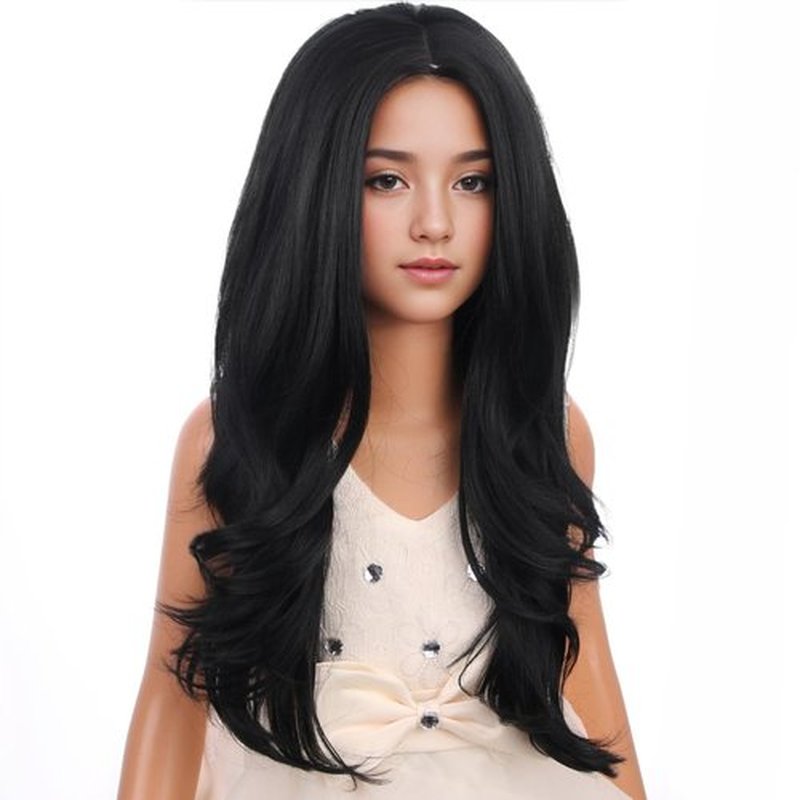 PATTNIUM Child Kids Black Wig Long Wavy Black Wig for Kids Girls Long Sythetic Wig with Wig Cap