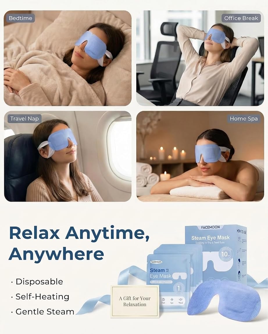 10 Packs Self Heating Steam Eye Mask: Warm Eye Compress for Dry Eyes, Stye Eye Treatment - Disposable Moist Heated Sleep Mask for Tired Eyes & Headache Relief - Ideal for Travel & Spa Gift(Unscented)