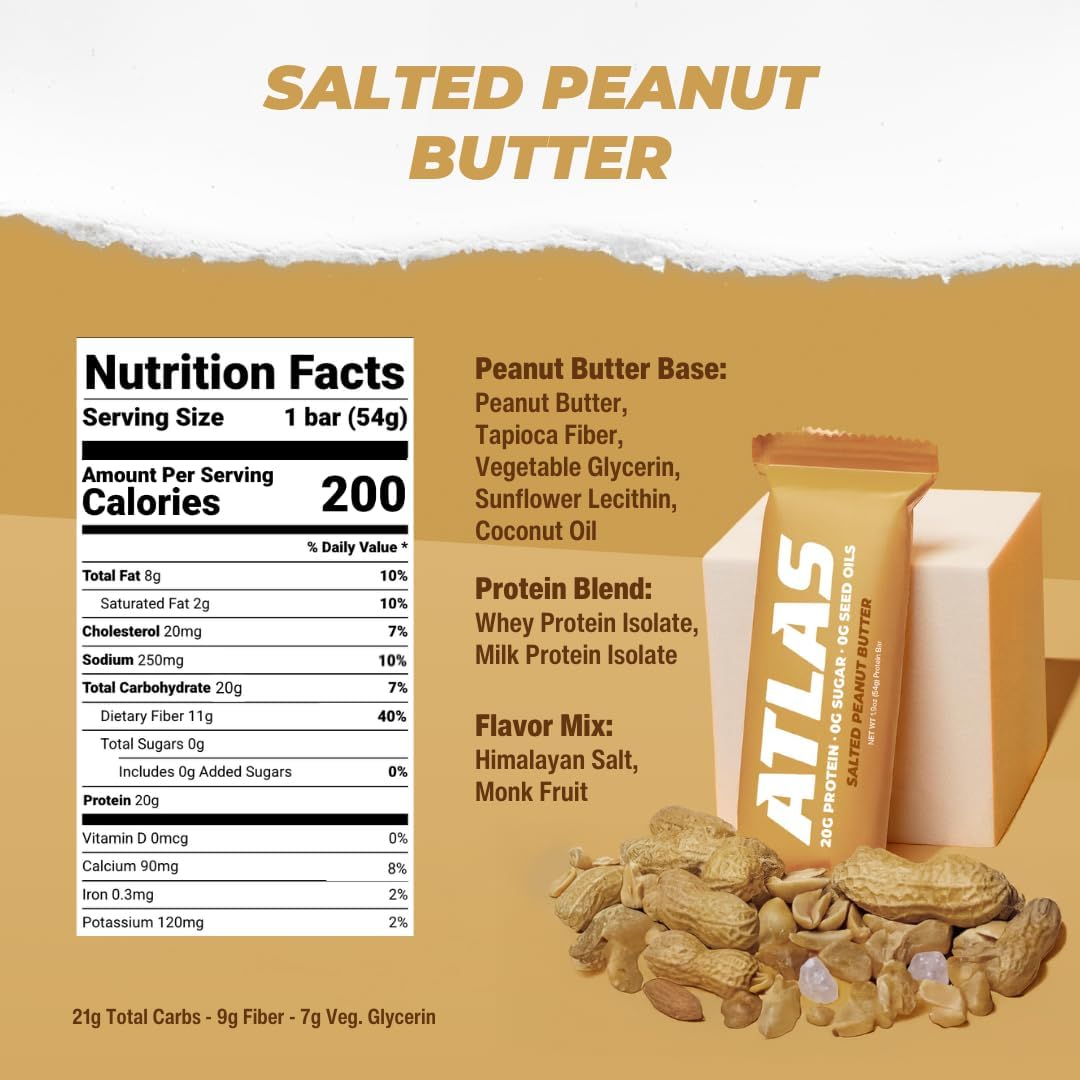 Atlas Real Food Protein Bar – 20g Protein, 10g Fiber, 1g Sugar, No Seed Oils, No Artificial Sweeteners (Variety, 4 Count)