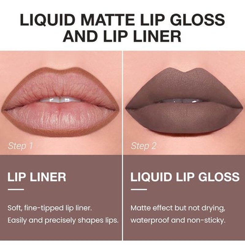 JUAAZIN 1Pcs Lip Liner Pencils and 1 Pcs Lip Gloss Makeup Set, Dusty Rose Matte Rich Lip Colors Liner Crayon Liquid Lipstick for Sculpting Lips, Long-Lasting Waterproof Longwear Smudge-Proof 04#