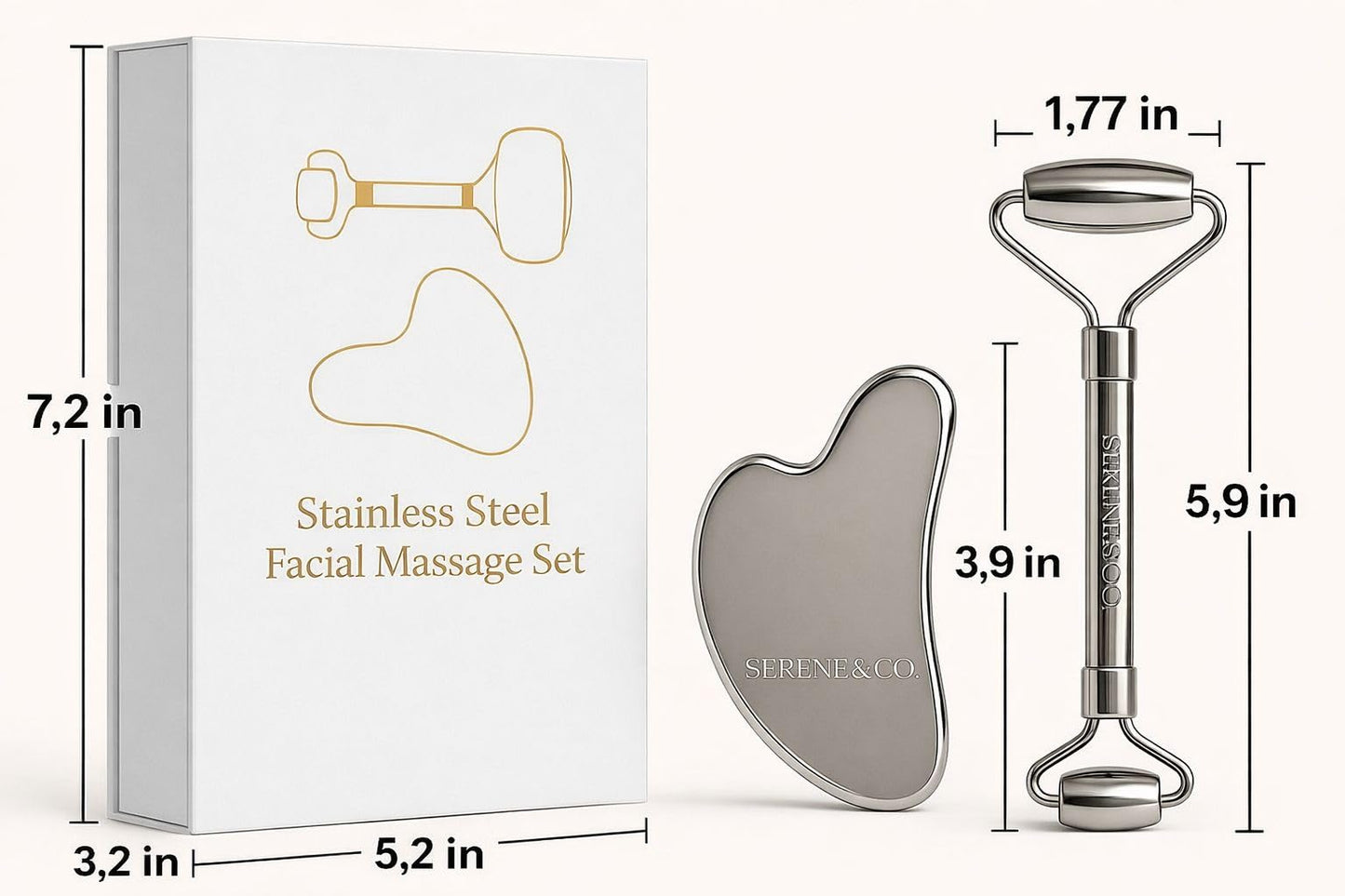Serene & Co. Premium Stainless Steel Gua Sha & Face Roller Set – Facial Massage Tools for Skincare Routine – Cooling Metal Roller & Sculpting Gua Sha