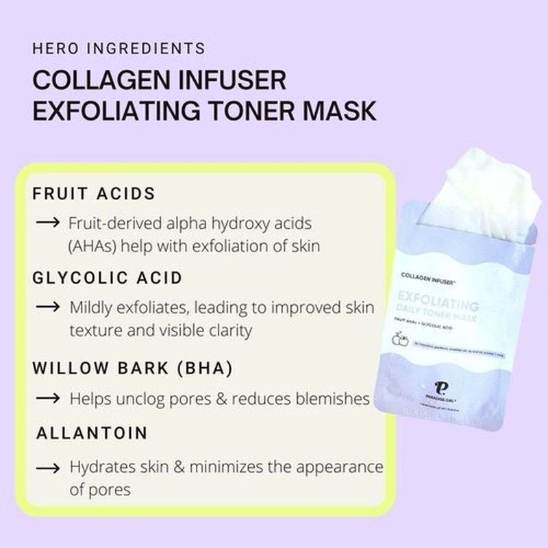 ParadiseGal Exfoliating Face Masks (10-Pack) Korean Skincare Infused with Exfoliating Collagen, AHA, Glycolic Acid, BHA, Niacinamide & Ceramide - Revitalizing Solution for Smooth, Radiant Skin