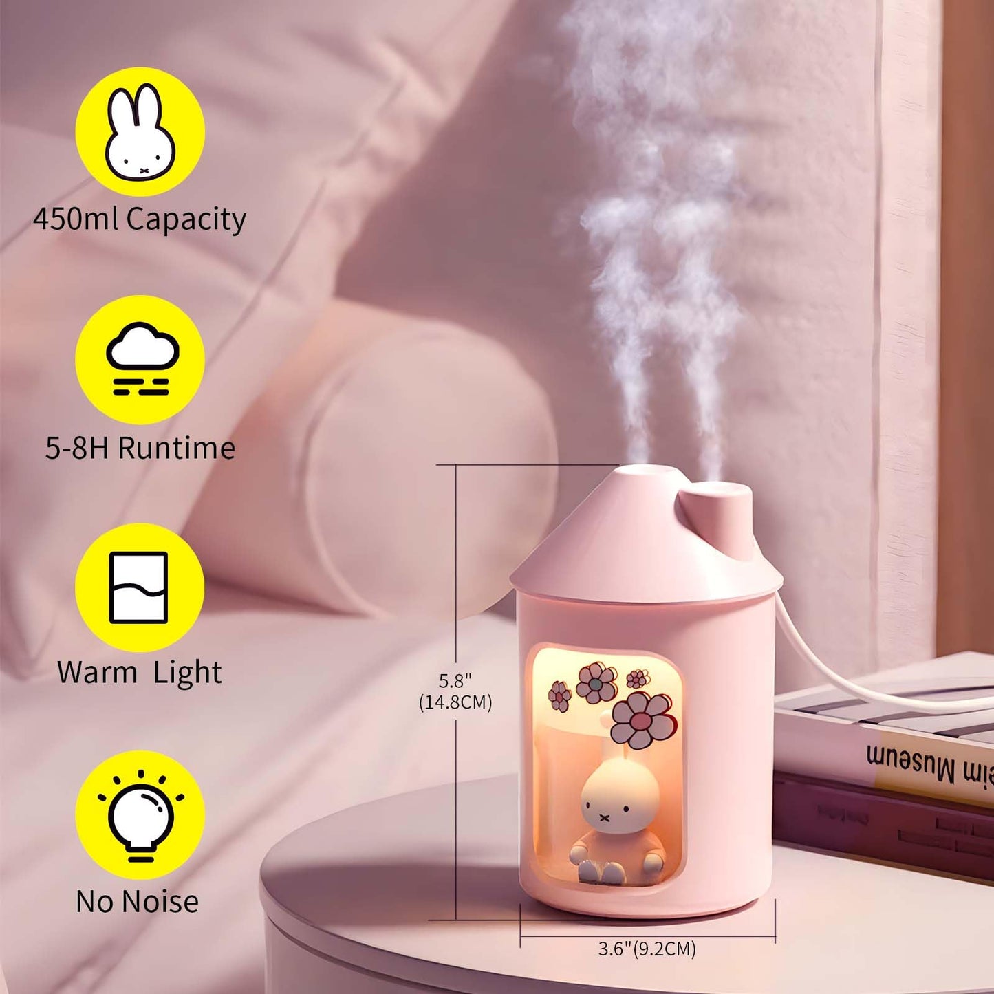 Mipow x miffy BTA700M Cool Mist Humidifier for Bedroom,Ultrasonic Quiet Humidifier with Night Light,450 ML Double Spray Humidifiers for Nursery,Office Indoor Plants (Pink), Gift for Father's Day