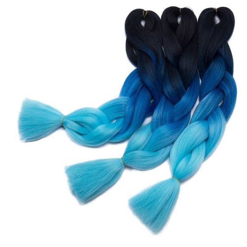 24 Inch Jumbo Braids Hair Extensions Ombre High Temperature Synthetic Hair African Rainbow Box Braiding Hair for Senegal Twist 100g/pack 3 Tones Black/Blue/Light Blue