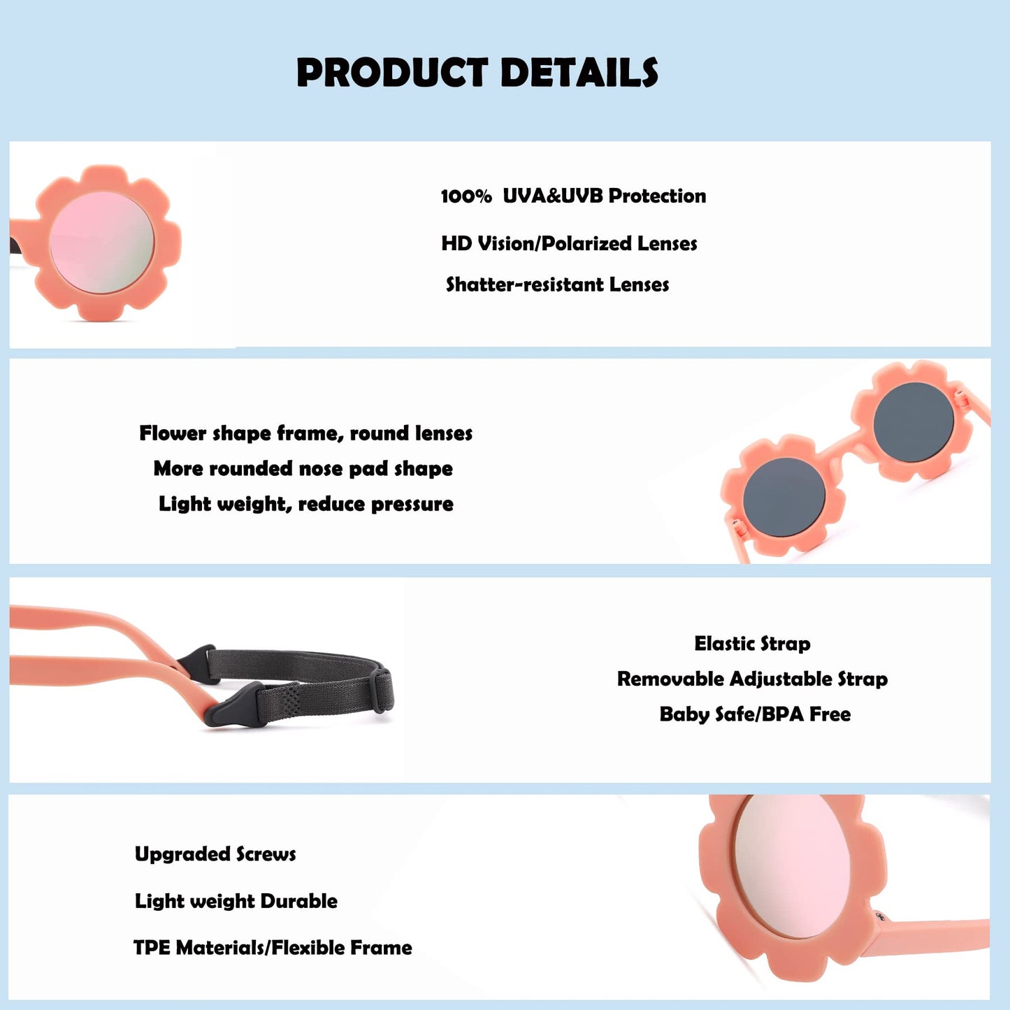Bouryo Flexible Baby Polarized Flower Sunglasses with Strap Bendable Frame for Infant Boys Girls Ages 0-24 Months (B3 White/Purple Red Mirror + Pink/Pink Mirror)