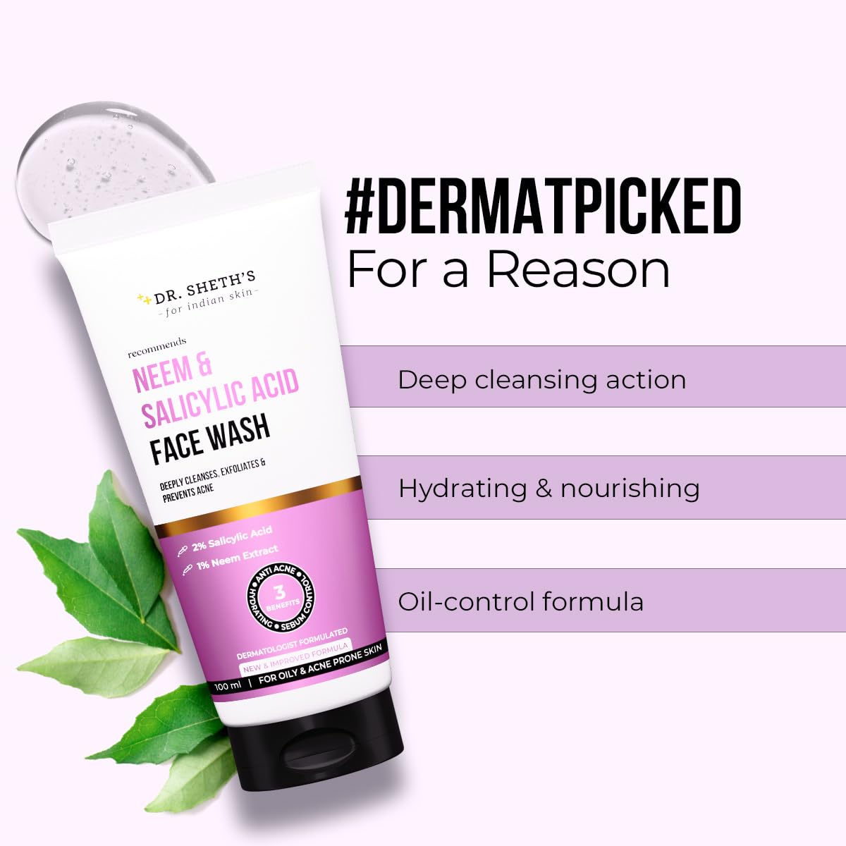 Dr. Sheth’s Neem & Salicylic Acid Face Wash | Deeply Cleanses & Unclogs Pores | Controls Acne, Blackheads & Oil | Unisex BHA Cleanser | 3.38 Fl Oz/100 ml