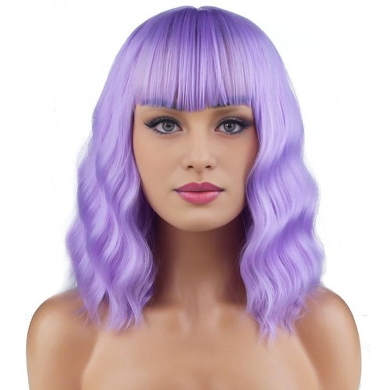 BERON 14 Inches Purple Wig for Women Short Curly Wig Purple Wig with Bangs Light Purple Wigs for Women Lavender Wig Colorful Wigs with Wig Cap