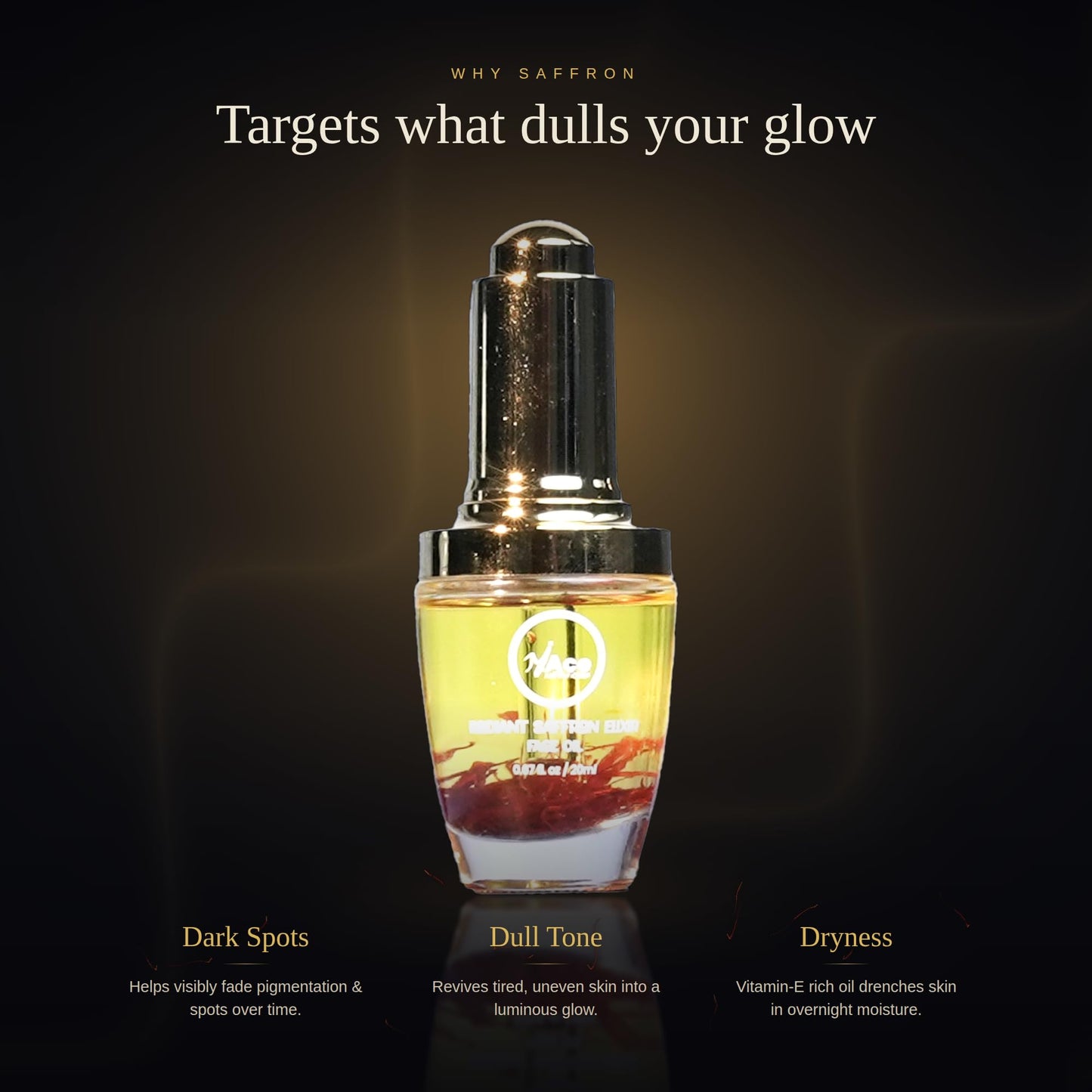 My Ace Radiant Saffron Elixir Face Oil - Ayurvedic Pure Natural Glow Booster, Brightening, Hydrating, Anti-Aging Facial Serum for Skin & Hair - Reduces Dark Spots & Pigmentation - Daily Use -0.67fl oz