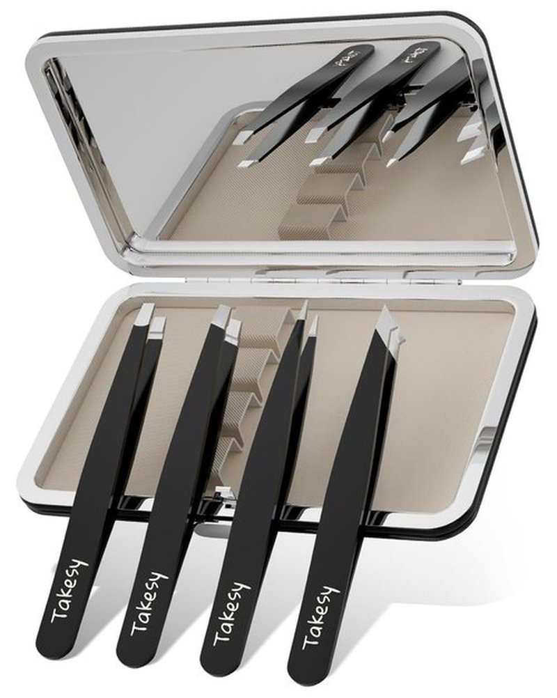 Professional Tweezers for Eyebrow and Ingrown Hair with Mirror Case (Black)