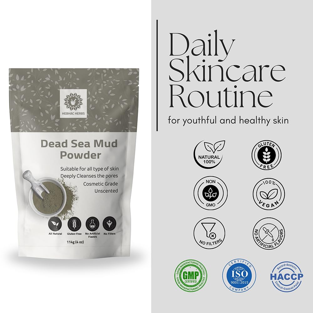Hebhac Herbs Dead Sea Mud Clay Powder for Facial Mask for Men & Women -114g - Natural Facial Cleanser, Skin Tightening, Blackhead Remover- Natural Mud clay powder
