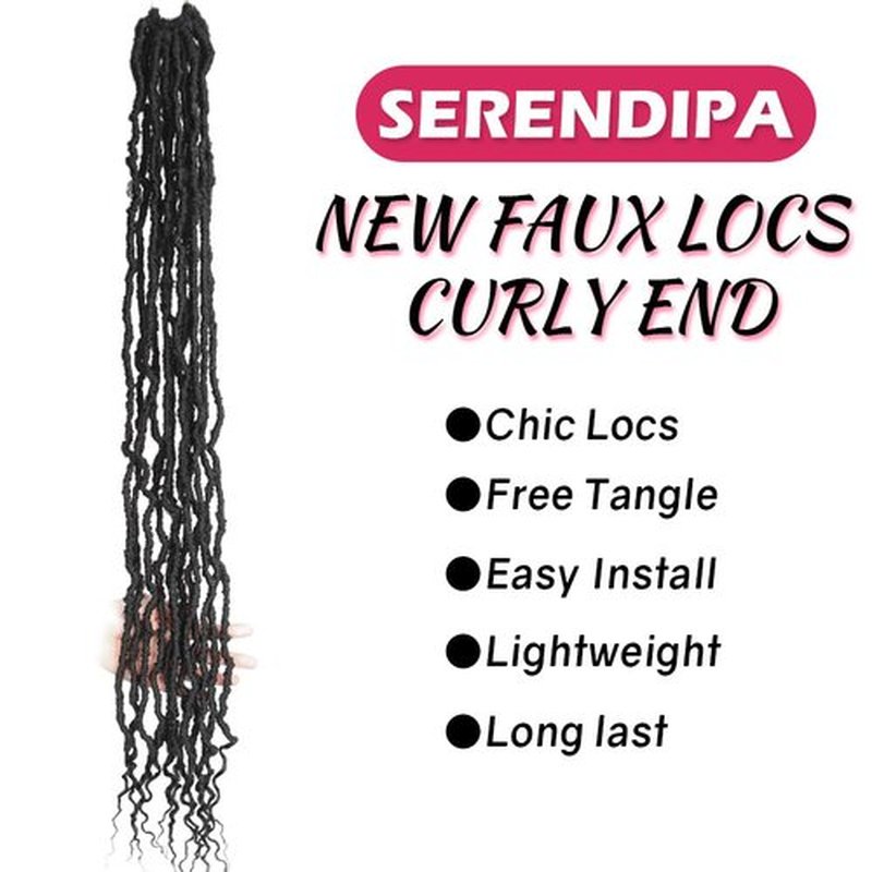 SERENDIPA Boho Faux Locs Curly End, 36 Inch Long Pre-Looped Soft Crochet Goddess Locs Synthetic Hair (6 Packs, 1B, Natural Black)