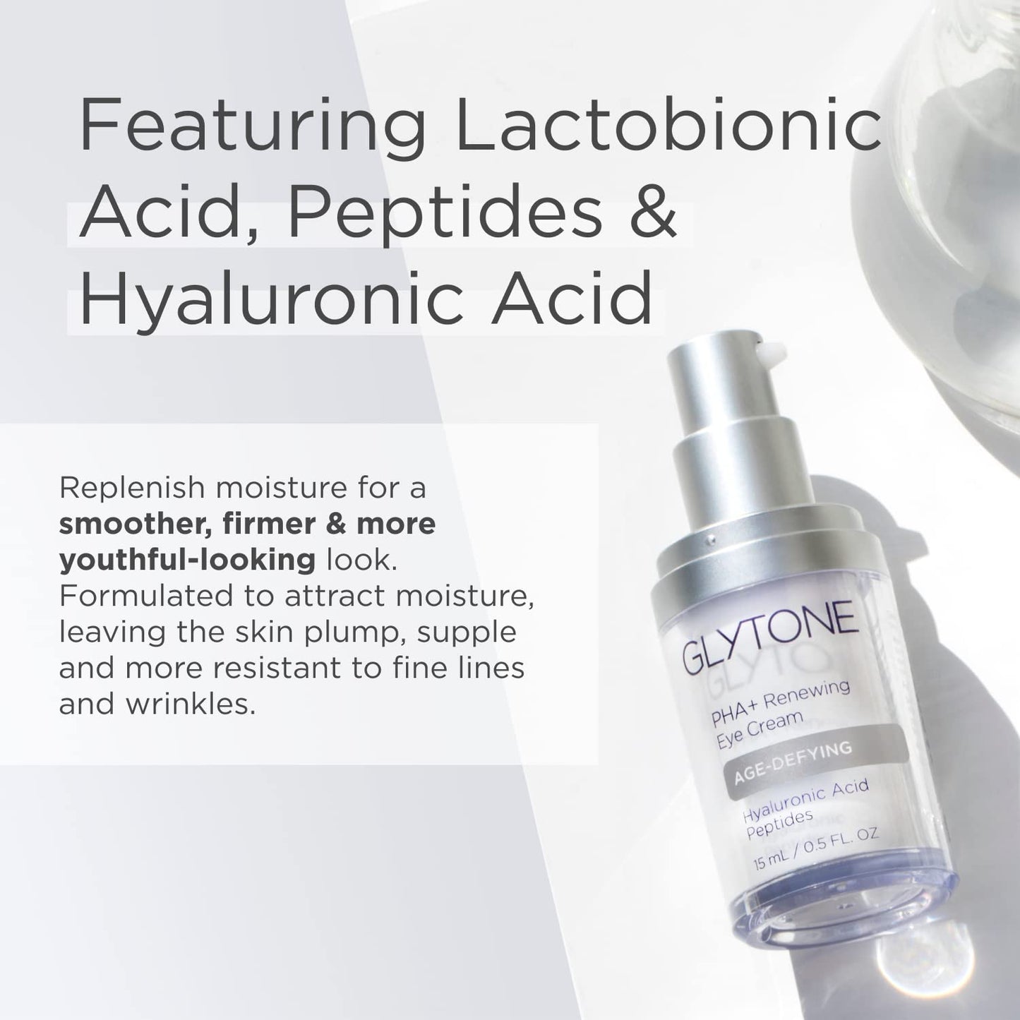 Glytone Age-Defying PHA+ Renewing Eye Cream for Wrinkles| Anti aging Under Eye Cream with Hyaluronic Acid Peptides| Targets Puffiness, Bags, Wrinkles & Dark Circles| Brightening Moisturizer| 0.5 Fl oz