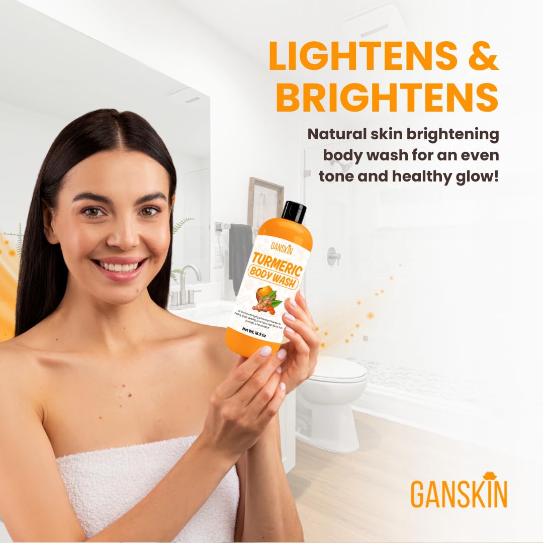 Ganskin Turmeric Body Wash – Skin Brightening Liquid Soap for Discoloration – Natural Anti Aging Exfoliating Turmeric Body Wash for Spots, Acne, Sun Damage – Bath Soap Skincare