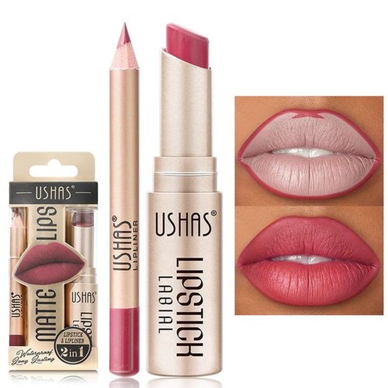 USHAS Lipstick and Lip Liner Combo Set 2 in 1 Waterproof Lipstick for Women Lip liner Set Long Lasting Lipstick, Matte Lipstick Pen with Lip Liner Set Makeup Kits (G6, Pack of 1)