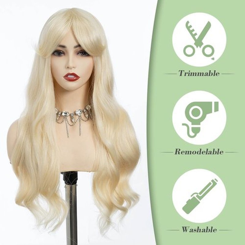 REBECCA STYLE Long Blonde Wig with Bangs 24 Inch Long Wavy Wigs with Bangs for Women Synthetic Curly Wigs Hair Replacement Wigs for Girls Daily Party Use Natural Looking (Blonde)