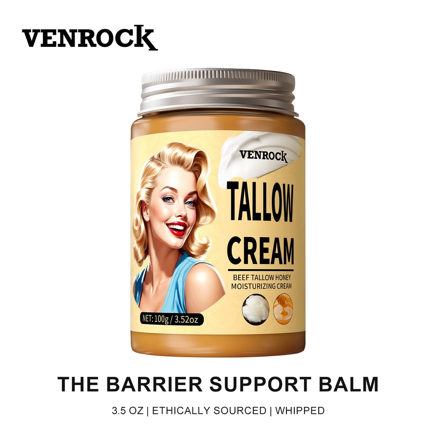 Venrock Beef Tallow Balm with Honey, Hyaluronic Acid & Niacinamide - Non-Greasy, Quick Absorbing Whipped Face Moisturizer for Soft, Smooth, Hydrated Skin 3.5oz