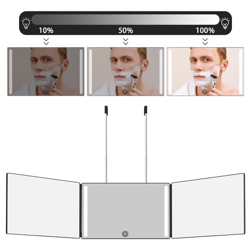 OLIBUY 3 Way Mirror with LED for Hair Cutting, Tri-fold Mirror for Shaver and Makeup, Adjustable Telescoping Hooks-with LED Version