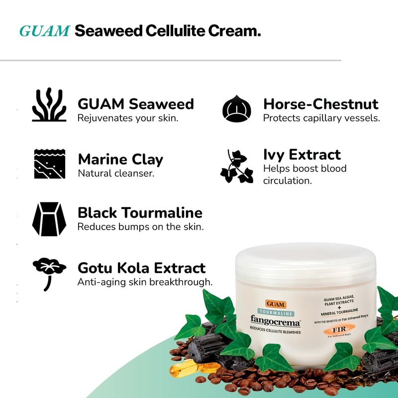 GUAM Fangocrema Anti-Cellulite Cream - Seaweed & Tourmaline FIR for Skin Tightening | 10.5 Oz Hot Gel with Caffeine for Firming & Contouring