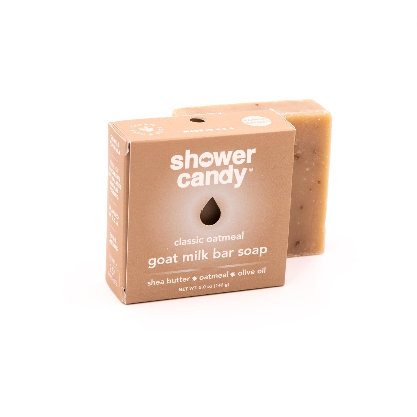 Shower Candy Classic Oatmeal Bar Soap - 5.0 oz Natural Body Wash Bar - Made in USA - Goat Milk, Shea Butter, Oatmeal and Olive Oil