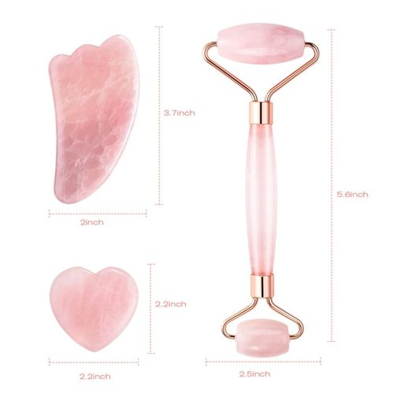 Jade Roller and Gua Sha Set - Anti Aging Rose Quartz Face Roller Massager & Guasha Tool for Face, Eye, Neck - Natural Beauty Skin Care Tools Body Muscle Relaxing Relieve Wrinkles (Pink)