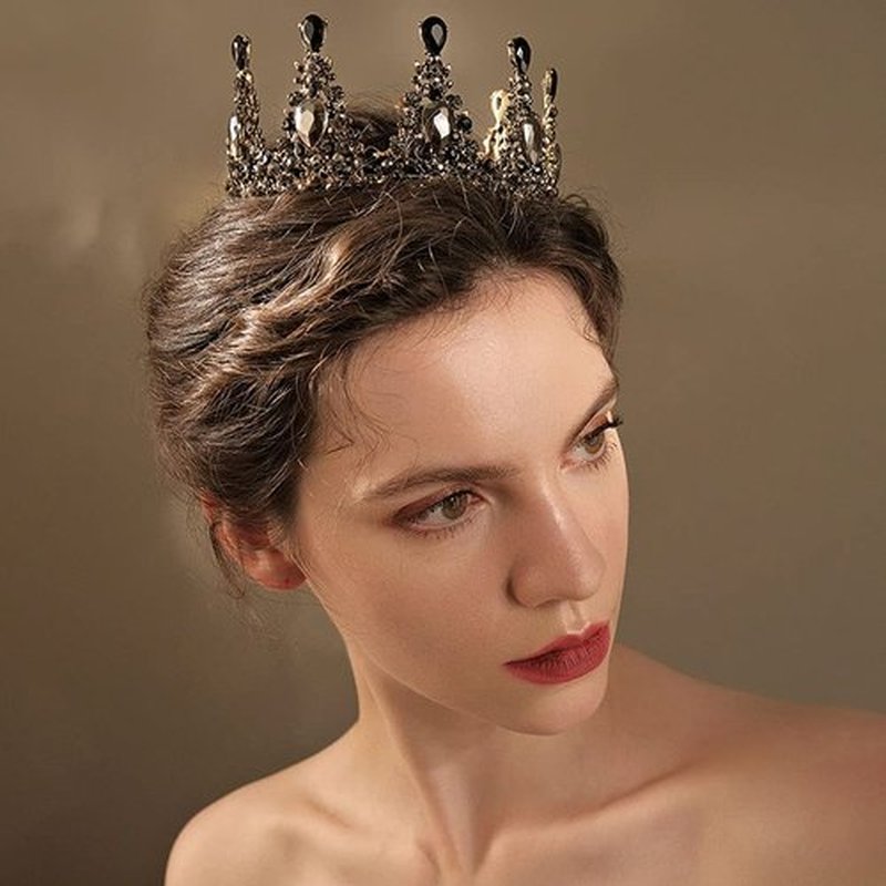 Yovic Baroque Wedding Crown Black Rhinestone Bridal Crowns and Tiaras Crystal Queen Crown Halloween Costume Hair Accessories for Women and Girls(Black-3)