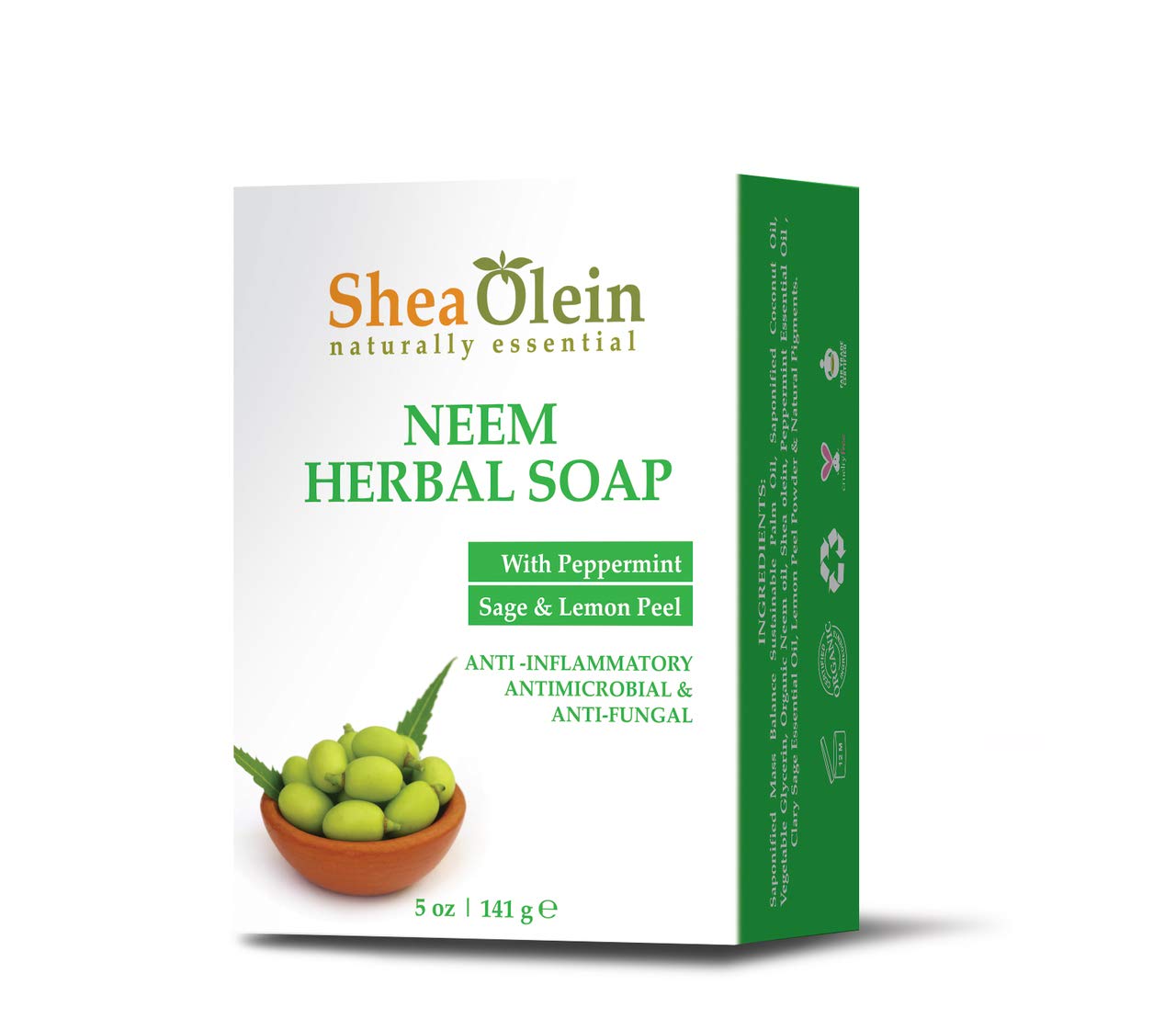 Shea Olein naturally essential NEEM HERBAL SOAP WITH PEPPERMINT, SAGE & LEMON PEEL 5ozQ