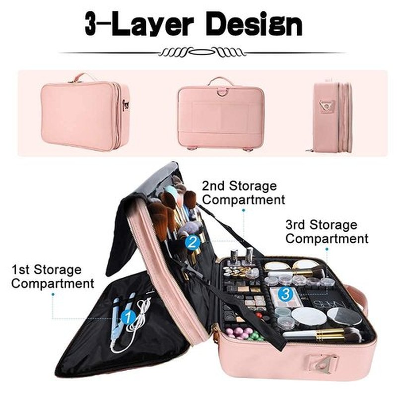 gzcz Travel Makeup Case Large Capacity Cosmetic Case Organizer 16 Inches Waterproof Portable Artist Makeup Storage Bag with Adjustable Dividers and Shoulder Strap for Makeup Brushes Jewelry, Pink