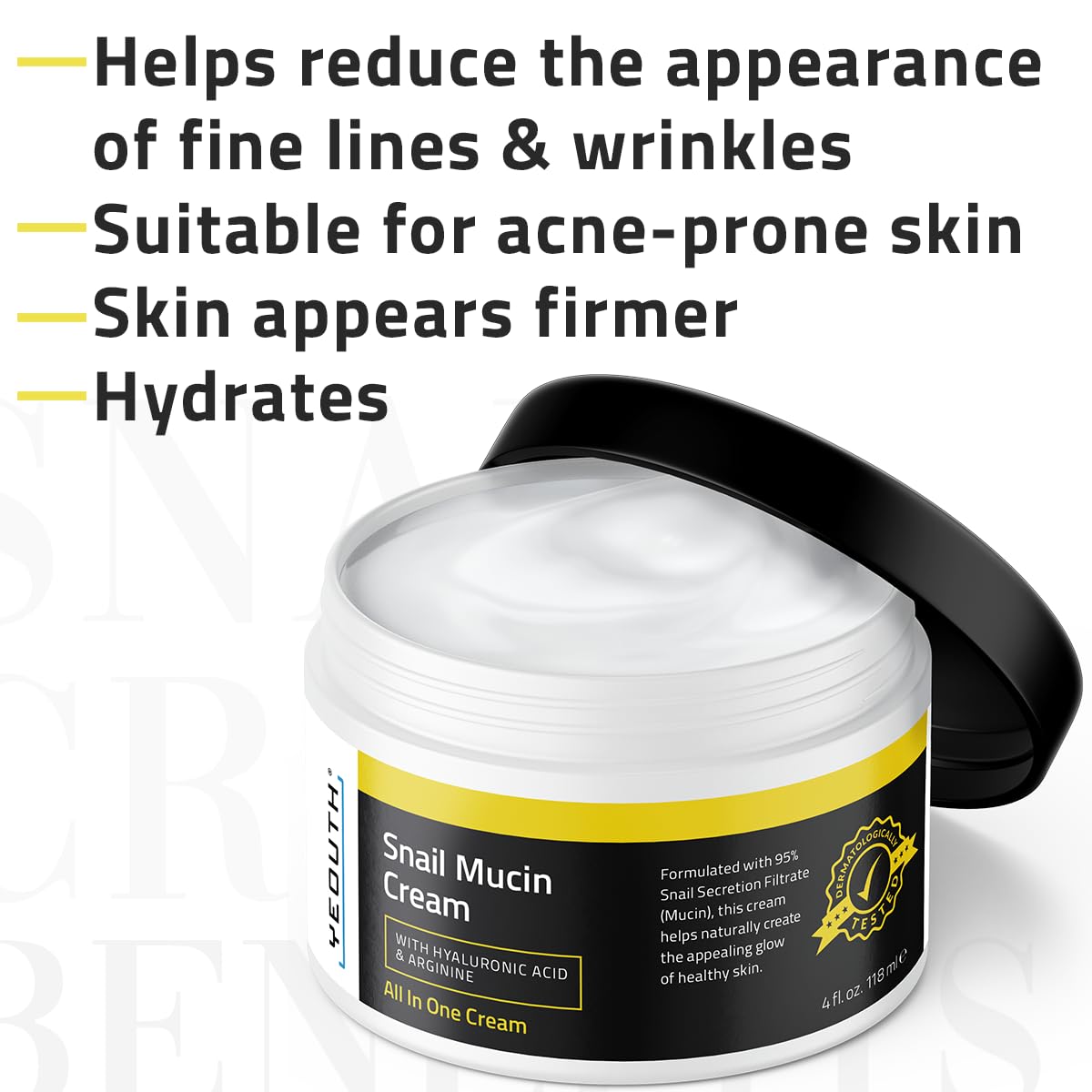 YEOUTH Snail Mucin Moisturizer Face Cream, Hydrating Snail Cream for Dry Skin, Glass Skin Moisturizer with Hyaluronic Acid & Arginine 4oz