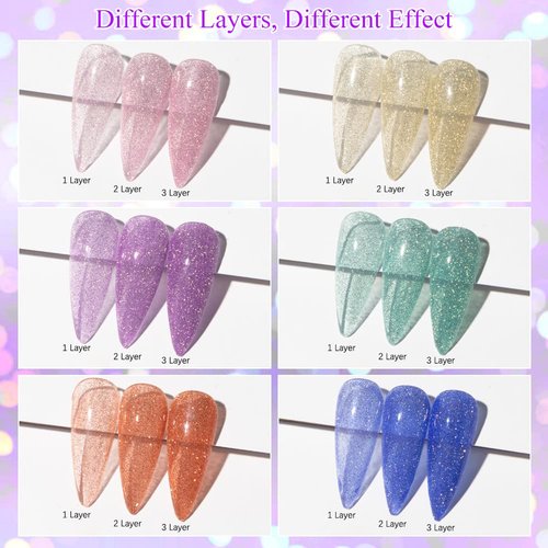 MIZHSE Reflective Jelly Gel Nail Polish 6 Pcs, Glitter Diamond Flash Disco Gel Polish Sparkle Pink Gold Green, Macaron Pink Purple Green Blue Soak Off UV LED Home Salon Manicure Set 7ml