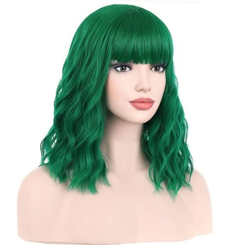 BERON 14 Inches Emerald Green Wig for Women Short Curly Wig Green Wig with Bangs Bob Wig Green Wigs for Daily Party Wig Cap Include