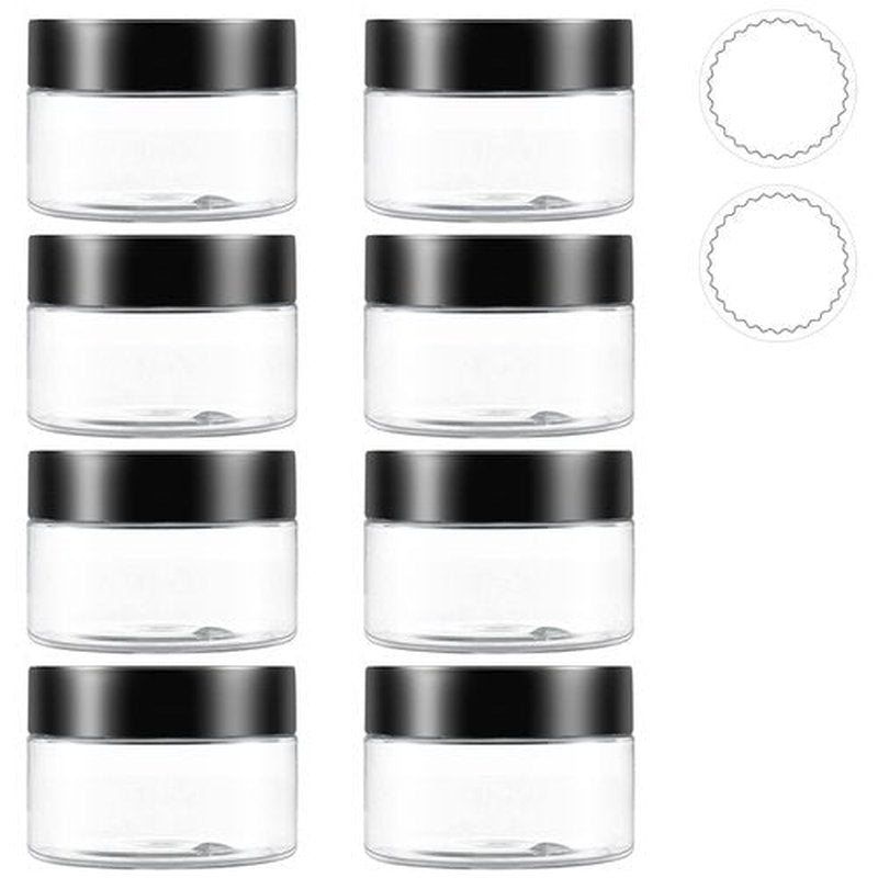 8 Pcs 1 OZ Travel Size Container, Elumeiro Plastic Jars with Black Lids Clear Cosmetic Small Round Cream Jar Refillable for Scrubs, Lotion, Powder, ointment, Makeup, Food Storage