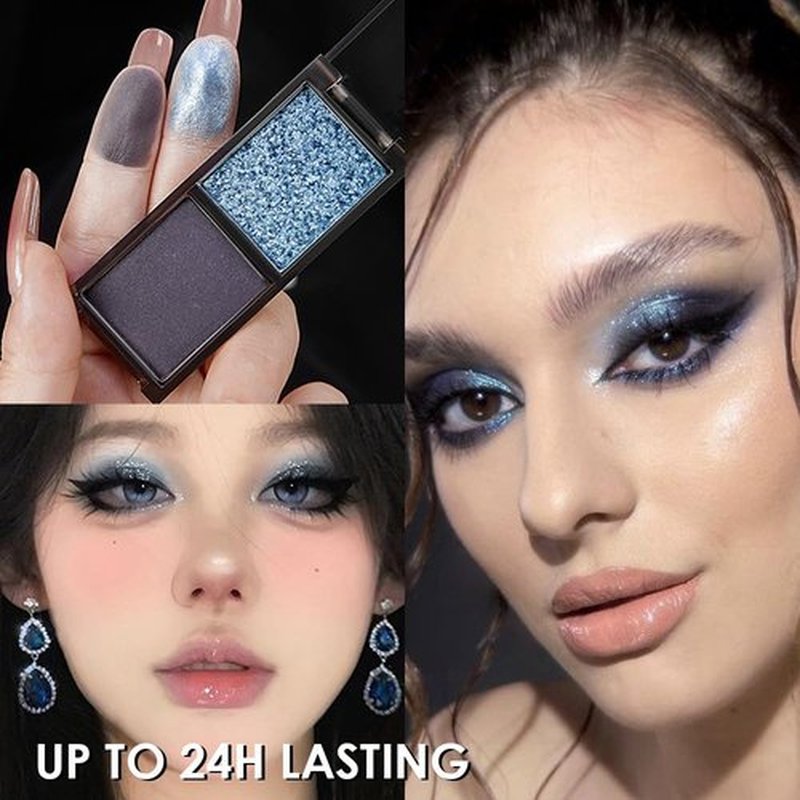 HHLTOH Two Color Matte Shimmer Eyeshadow, Blue Black Double Pigment Eye Shadow Powder, Long-Lasting Waterproof Makeup Palette,Blendable, Easy-To-Apply and Compact for Travel，0.14 Oz,02#