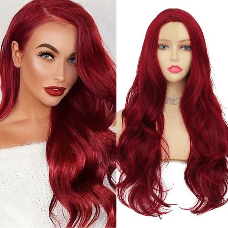 Tseses Red Long Curly Wavy Wigs for Women Natural Side Part Cosplay Halloween Synthetic Fiber Wig Heat Resistant Wig