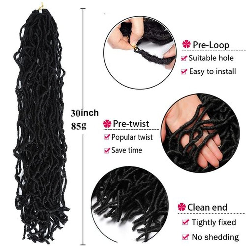 Faux Locs crchet hair 30inch 6packs Super Soft Long Locs Goddess Locs Crochet Hair Natural Pre Looped Natural Crochet Braid Curly Wave Braiding Hair（30inch #1b 6packs)