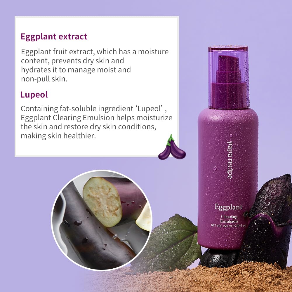 Papa Recipe Eggplant Clearing Emulsion, 5.07fl oz(150ml) - Korean Lightweight Skin Care Moisturizer, Eggplant Extract & Lupeol, Centella Asiatica for Soothing & Deep Hydration, Korean Skincare