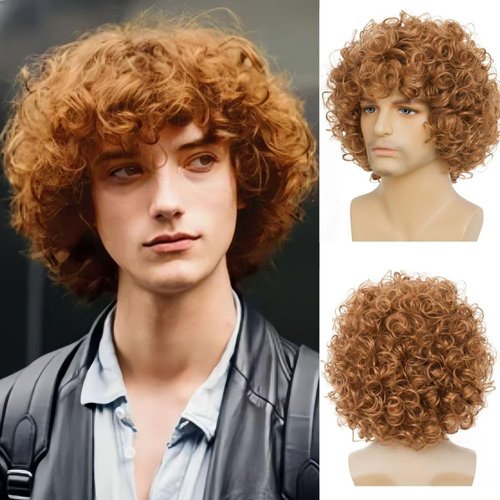 Salaibs Mens Blonde Curly Short Wig Afro Realistic 70s 80s Rocker Hair Wig Natural Looking Synthetic Shag Cosplay Daily Cap Wig